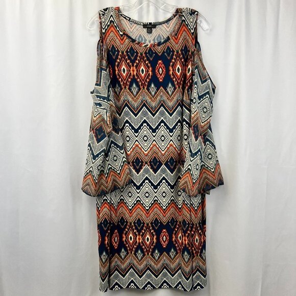 R&K Womens Multicolor Aztec Cold Shoulder Sleeve Round Neck Sheath Dress Sz 18W - Picture 1 of 9